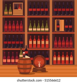 Vector illustration of a wine cellar. Collection of elements: wine bottle, wooden barrel, cheese, glass. Template for menu, banner, background, poster, cover, web pages, card, discount and label.