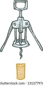 Vector illustration of wine corkscrew and cork