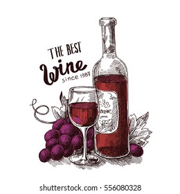Vector illustration with wine. Drawing by hand. Sketch style. 