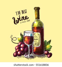 Vector illustration with wine. Drawwing by hand. Sketch style. 