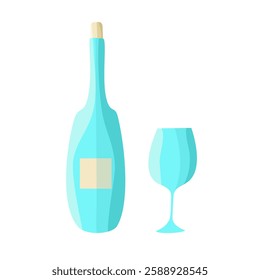Vector illustration of wine glass or alcohol drink with bottle. Linear graphic style, editable stroke.