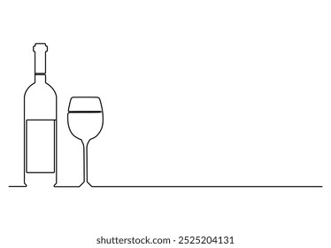Ilustración vectorial de copa de vino y botella continua de una línea de dibujo 