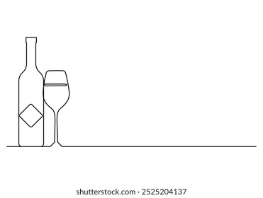 Ilustración vectorial de copa de vino y botella continua de una línea de dibujo 