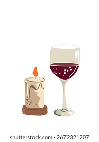 Ilustración vectorial copa de vino con vela ardiente