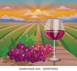 Vector Illustration Of Wine Glass And Grapes In Wineyard