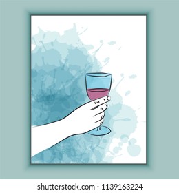 Vector illustration of wine glass isolated on blue watercolor background. Hand drawn style.