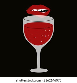 Vector illustration with wine glass and red lips. Design for print, poster, menu. 