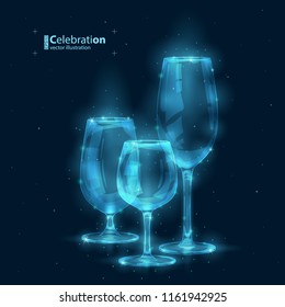 Vector illustration of wine glasses. Draw from lines and dots. Glow transparent object. Wireframe geometry on dark blue background.