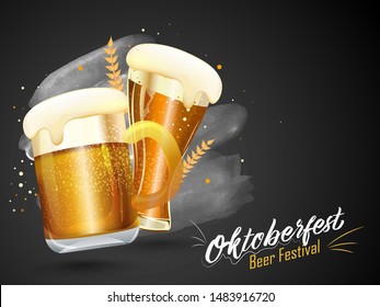 Vector illustration of wine glasses with wheat on black background for Oktoberfest Beer Festival poster or banner design.