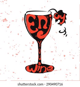 Vector Illustration of Wine Lettering for Design, Website, Background, Banner. vintage Hand Draw Element for Menu Template. Red Vine glass typography