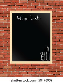 A vector illustration of a 'Wine List' chalkboard against a brick wall.