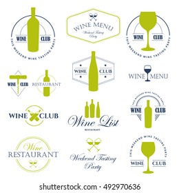 Vector Illustration with wine list logo and labels. Simple symbols with glass and bottle for . Traditions of drink. Decorative elements for your design. Black and white style.