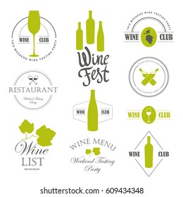 Vector Illustration with wine list logo and labels. Simple symbols glass, bottle for restaurant or winery. Traditions of drink. Decorative design elements. Black white style.
