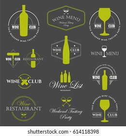 Vector Illustration with wine list logo and labels. Simple symbols glass, bottle for restaurant or winery. Traditions of drink. Decorative design elements. Black white style.