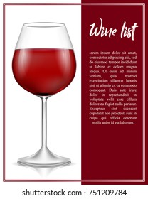 Vector illustration of a wine list. Realistic glass of red drink