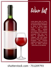 Vector illustration of a wine list. Realistic glass and bottle of red drink