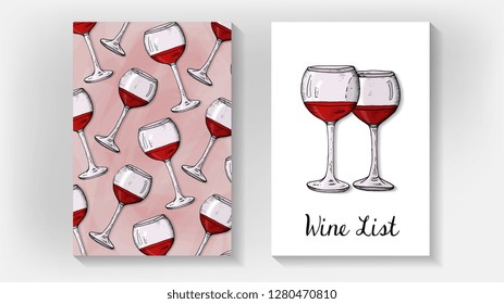 Vector Illustration of Wine List Template with Wine Glasses Sketch Style