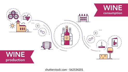 Vector illustration of the wine production scheme that includes winery, wine bottling, storage and consumption of wine in specialized places or at home on white background. 