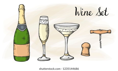 Vector Illustration of Wine Set with Bottle, Glasses, Cork and Corkscrew