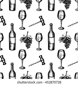 Vector illustration, wine set, hand drawn sketch of wine symbols. Bottle, wineglass, grapes, corkscrew, seamless pattern