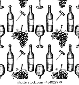 Vector illustration, wine set, hand drawn sketch of wine symbols. Bottle, wineglass, grapes, corkscrew, seamless pattern, black outlines on white background