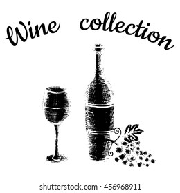 Vector illustration, wine set, hand drawn sketch of wine symbols. Bottle, wineglass, grape and lettering wine collection