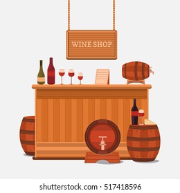 Vector illustration of a wine shop, bar, restaurant. Collection of elements: wine bottle, wooden barrel, cheese, glass, stand sale, shop sign. Interior of a wine cellar.