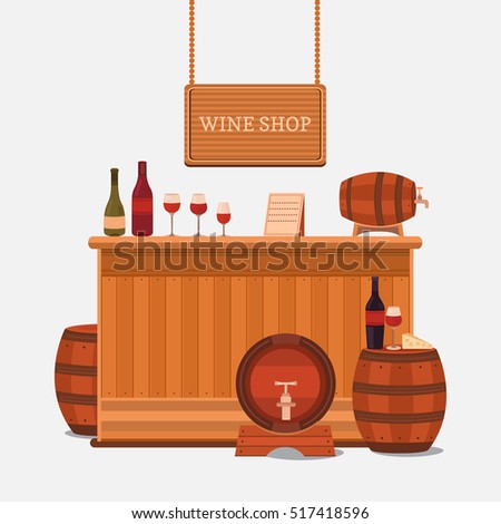 Vector illustration of a wine shop, bar, restaurant. Collection of elements: wine bottle, wooden barrel, cheese, glass, stand sale, shop sign. Interior of a wine cellar.