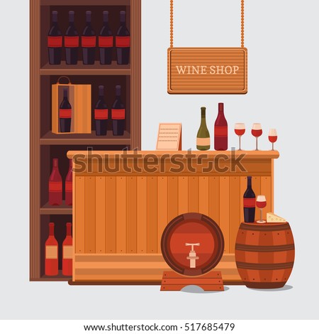 Vector illustration of a wine shop, bar, restaurant. Collection of elements: wine bottle, wooden barrel, cheese, glass, stand sale, shop sign. Interior of a wine cellar.