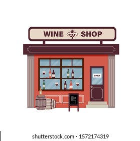 Vector Illustration Of A Wine Shop, Front Facade With Wine Bottles, Window, Wooden Barrel, Glasses And Logo