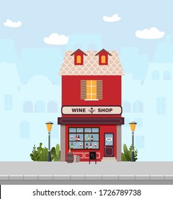 Vector illustration of a wine shop, front facade with wine bottles, window, wooden barrel, glasses and logo. Store icon on cityscape background. Street, house in European city
