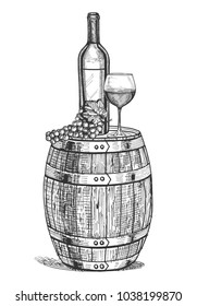 Vector illustration wine still life  Bottle  glass   bunch grapes the wooden barrel  Hand drawn vintage engraving style 
