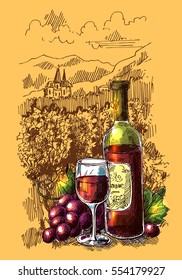 Vector illustration with wine and vineyard. Drawing by hand. Sketch style. 