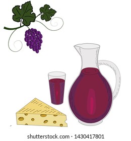 Vector illustration of wine,cheese and grape