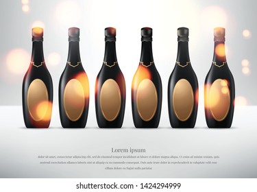 Vector illustration of Wineglass with black wine bottles of champagne in a bucket