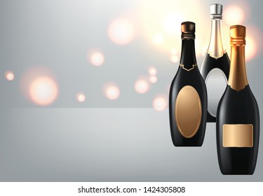 Vector illustration of Wineglass with black wine bottles of champagne in a bucket