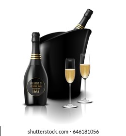 Vector illustration of  Wineglass with black wine bottles of champagne in a bucket