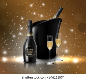 Vector illustration of  Wineglass with black wine bottles of champagne in a bucket