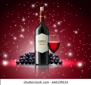 Vector illustration of  Wineglass and bottle of champagne on speckled background