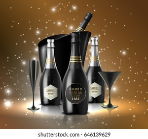Vector illustration of  Wineglass with a bottle of champagne in a bucket on sparkling background