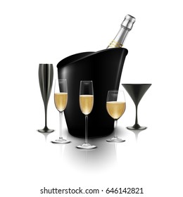 Vector illustration of  Wineglass and a bottle of champagne in a bucket