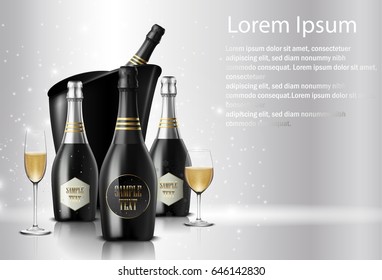 Vector illustration of  Wineglass with a bottle of champagne in a bucket on sparkling background