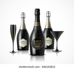 Vector illustration of  Wineglass and champagne wine bottles
