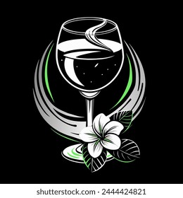 Vector illustration of a wineglass with a flower on a black background.