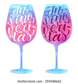 Vector illustration of wineglass silhouette. "In vino veritas"  calligraphic and lettering phrase for poster or postcard. Watercolor design, drink collection. Latin for In wine there is truth