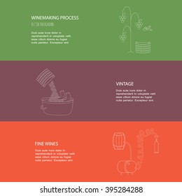 Vector illustration of winemaking. How wine is made, wine elements, creating a wine, winemaker tool set and vineyard, flat infographic. Production of alcoholic beverages.