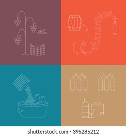 Vector illustration of winemaking. How wine is made, wine elements, creating a wine, winemaker tool set and vineyard, flat infographic. Production of alcoholic beverages.