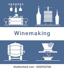 Vector illustration Winemaking Process. Crates full of grapes Wineglasses Press for wringing Bottles Wine storage Harvest Festival. Liquor store Bar Alcohol drinks market Tasting Degustation Vineyard