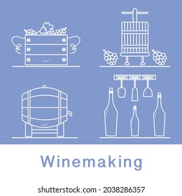 Vector illustration Winemaking Process. Crates full of grapes Wineglasses Press for wringing Bottles Wine storage Harvest Festival. Liquor store Bar Alcohol drinks market Tasting Degustation Vineyard