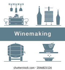 Vector illustration Winemaking Process. Crates full of grapes Wineglasses Press for wringing Bottles Wine storage Harvest Festival. Liquor store Bar Alcohol drinks market Tasting Degustation Vineyard